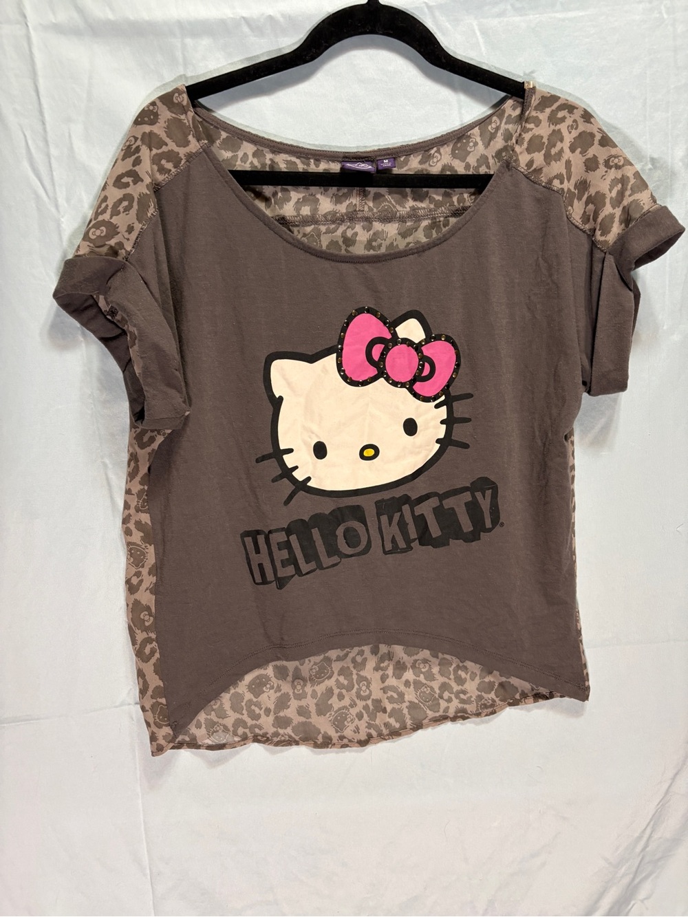Hello Kitty Brown Tee with Pink Bow and Leopard mesh back